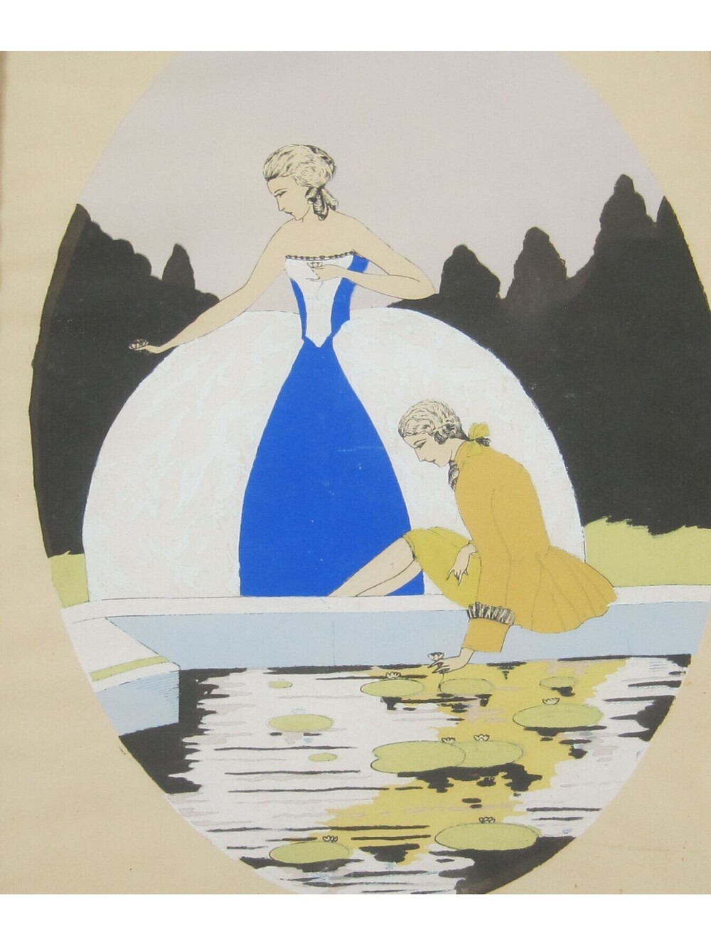 French Woodblock Art Print 1780s Fashion Lady Blue Dress Man Yellow Framed Glass
